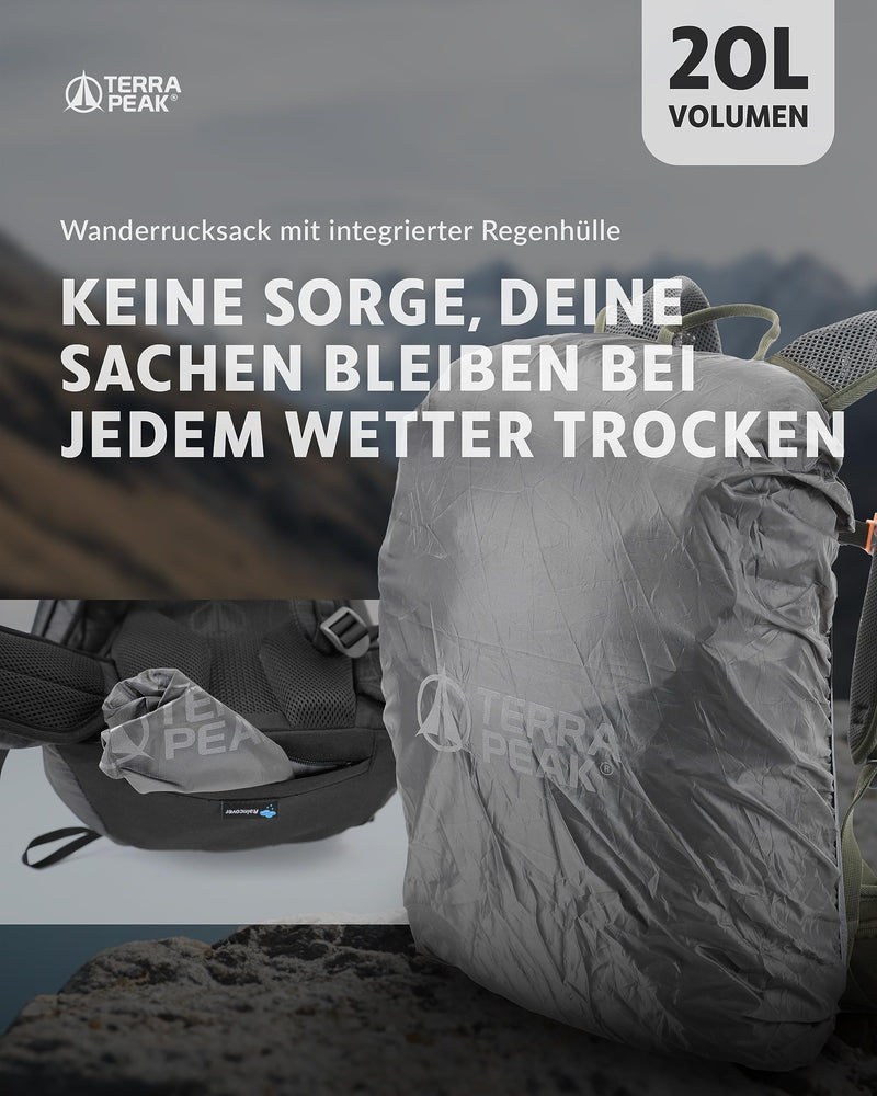 Terra Peak - Wanderrucksack Airant 20 Rückenbelüftung für Damen & Herren mit belüftetem Netz-rücken grün klein - zum Wandern und Camping mit Trinksystem-Vorbereitung - unisex outdoor Backpack leicht