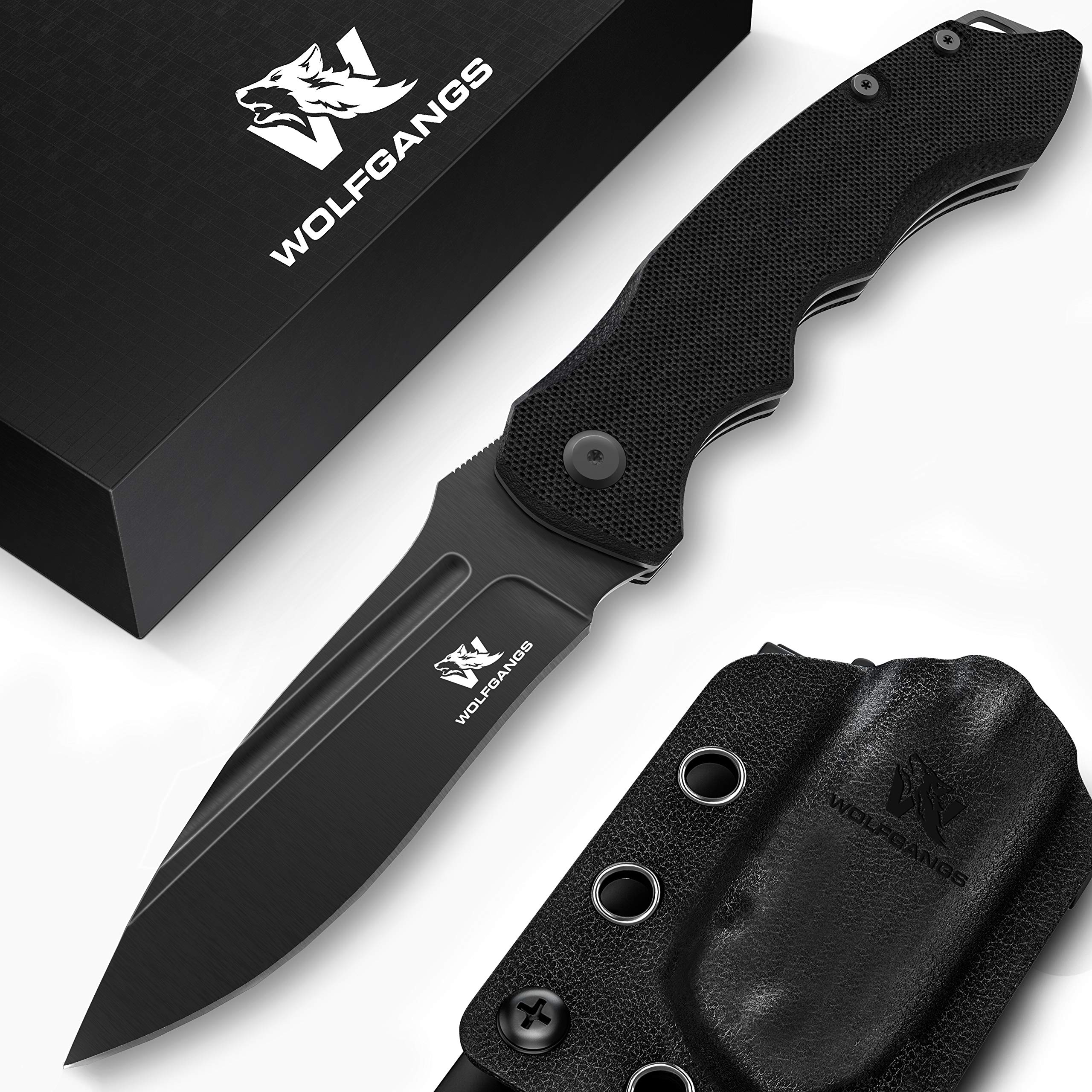 Wolfgangs FEROX Zweihandmesser Klappmesser aus feinstem D2 Stahl - Legales Taschenmesser Klappmesser - Rebustes Outdoor Messer Survival - Klappmesser Outdoor inkl. Kydex Holster (FullBlack)