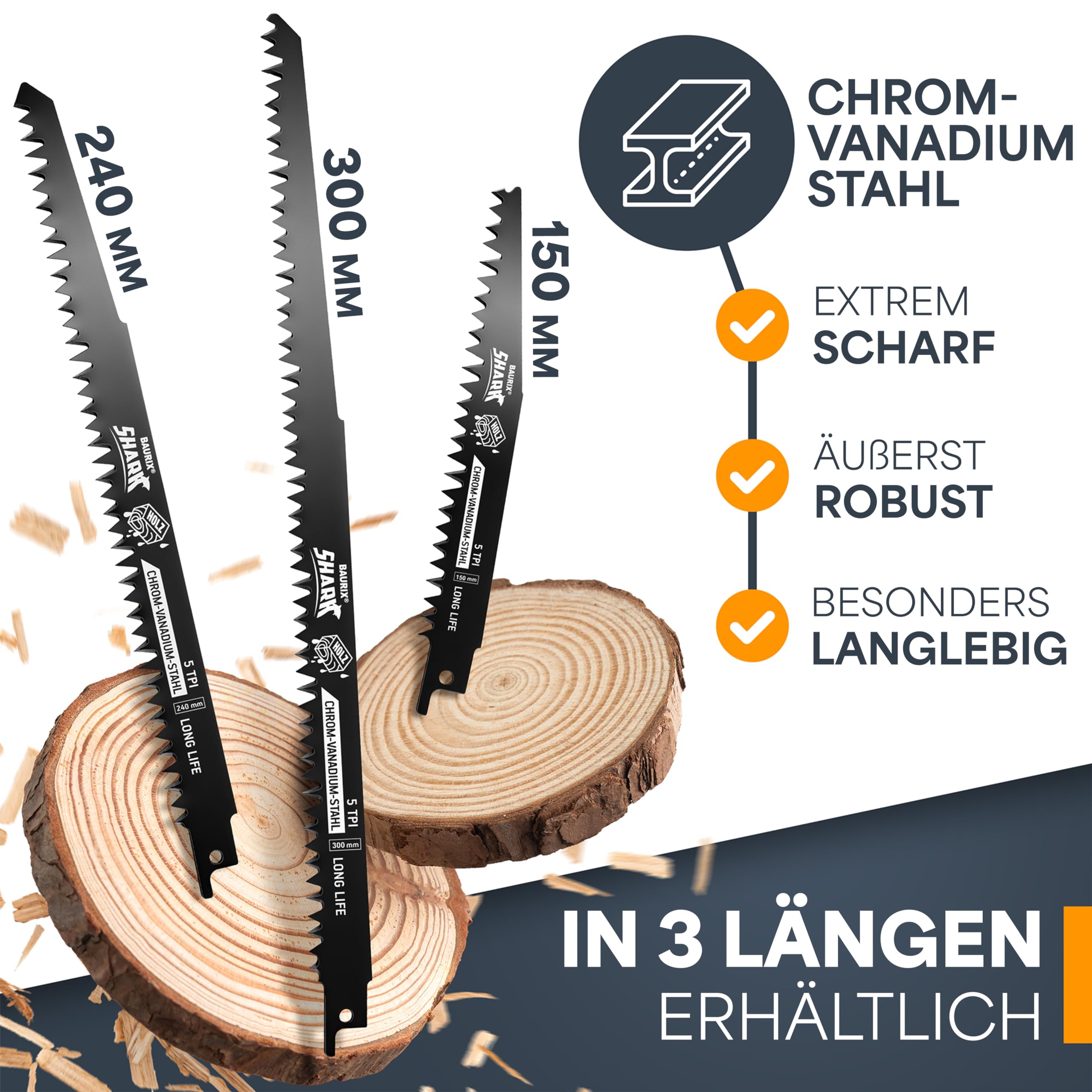 BAURIX® Säbelsägeblätter Holz I SHARK® [5 Stück] I 300 mm, 5 TPI I Sägeblatt Säbelsäge für schnelle und saubere Schnitte I Säbelsägeblatt für Grobholz, Nassholz, Brennholz, lebendes Holz