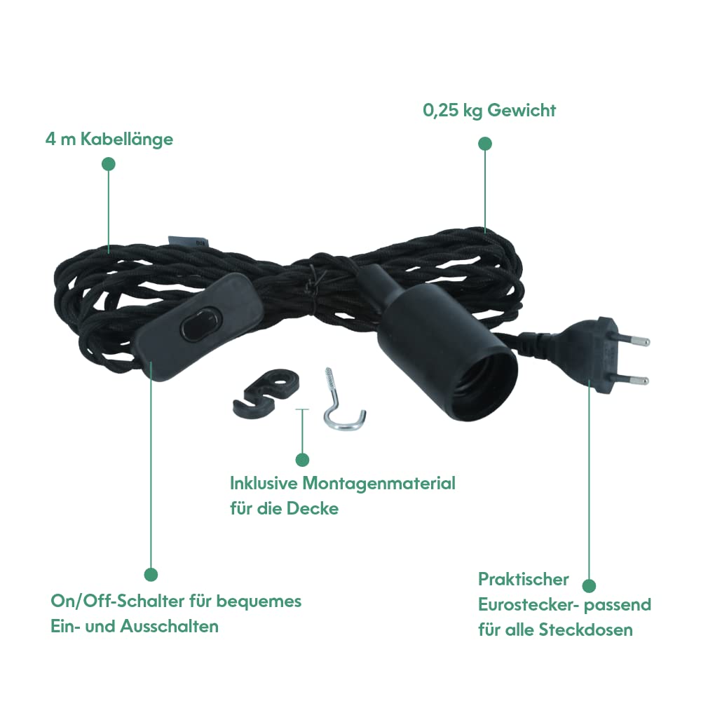 Parus by Venso E27 Lampenfassung Helix 4m Textilkabel Schwarz, Eurostecker, Venso Ecosolutions Lampenfassung E27 mit Kabel für E27 LED Lampe, Bulb Holder, Kabel für Lampe, Fassung E27