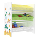 [en.casa] Kinderregal Boiro Kinderzimmerregal stehend mit 9 Faltboxen Dinosaurier-Motiv Spielzeug Aufbewahrungsregal 59,5 x 62 x 29,5 cm Weiß/Grün/Gelb