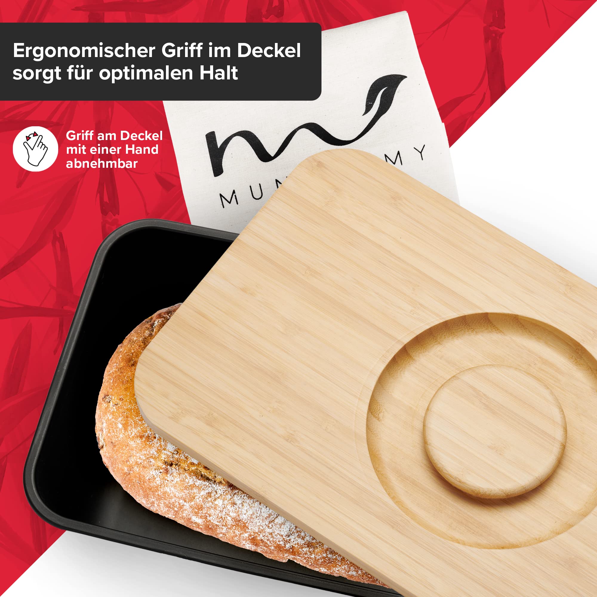 Munroomy Brotkasten mit Schneidebrett & Baumwoll-Beutel - gegen schimmeln & austrocknen - ideal zum Brötchen & Brot aufbewahren - Brotbox mit Deckel