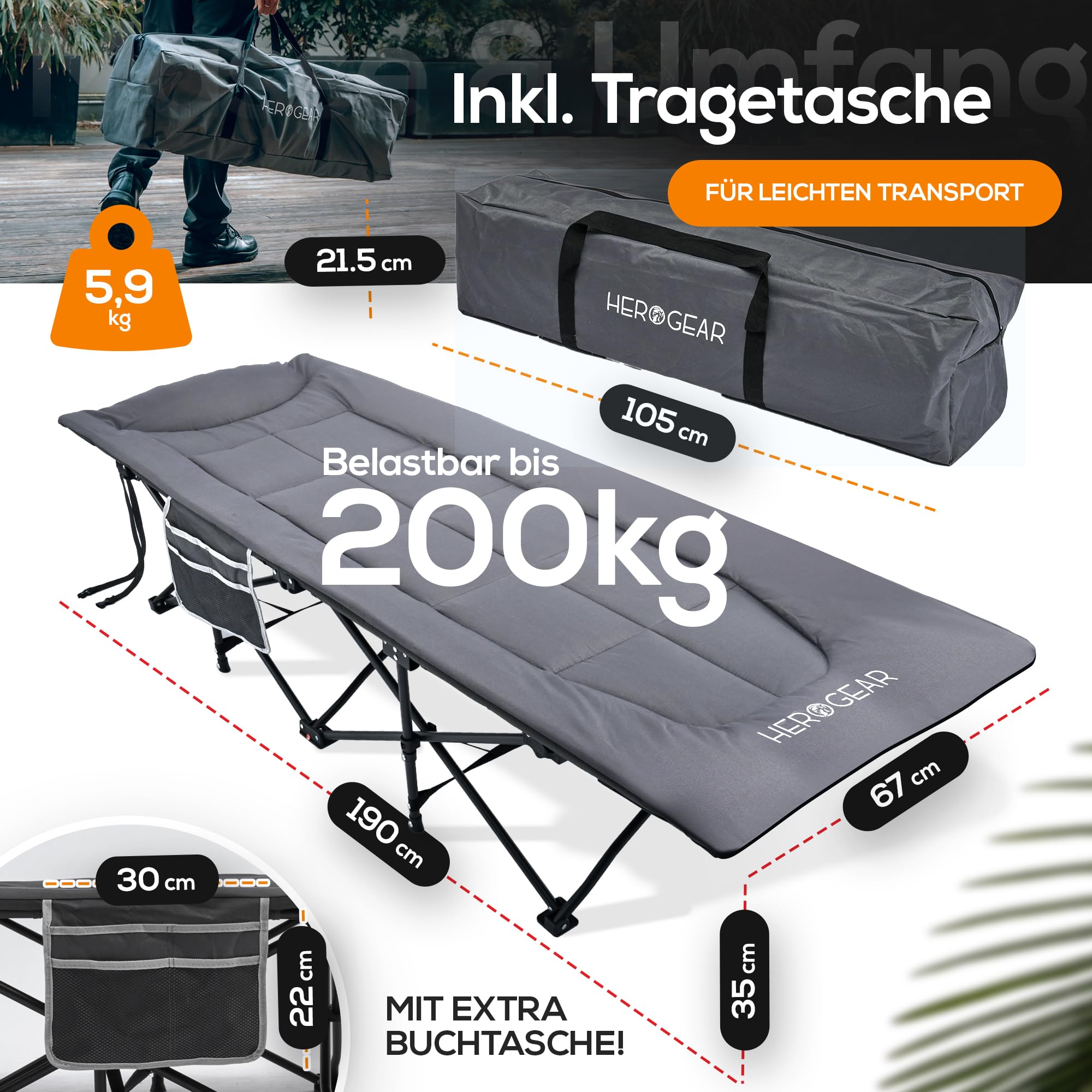 HEROGEAR Feldbett XXL klappbar mit bequemer Baumwollfüllung [integriertes Kissen & Matratze] Gästebett Campingbett Strandliege Gartenliege Reisebett Erwachsene Faltliege Klappbett | Survival Camping