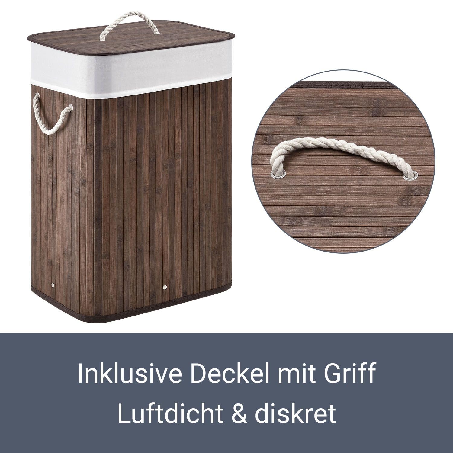 Juskys Bambus Wäschekorb Curly 72 Liter Braun — Wäschesammler mit Deckel, Griff & 1 Fach — Stoff Wäschesack herausnehmbar & waschbar Wäschetonne