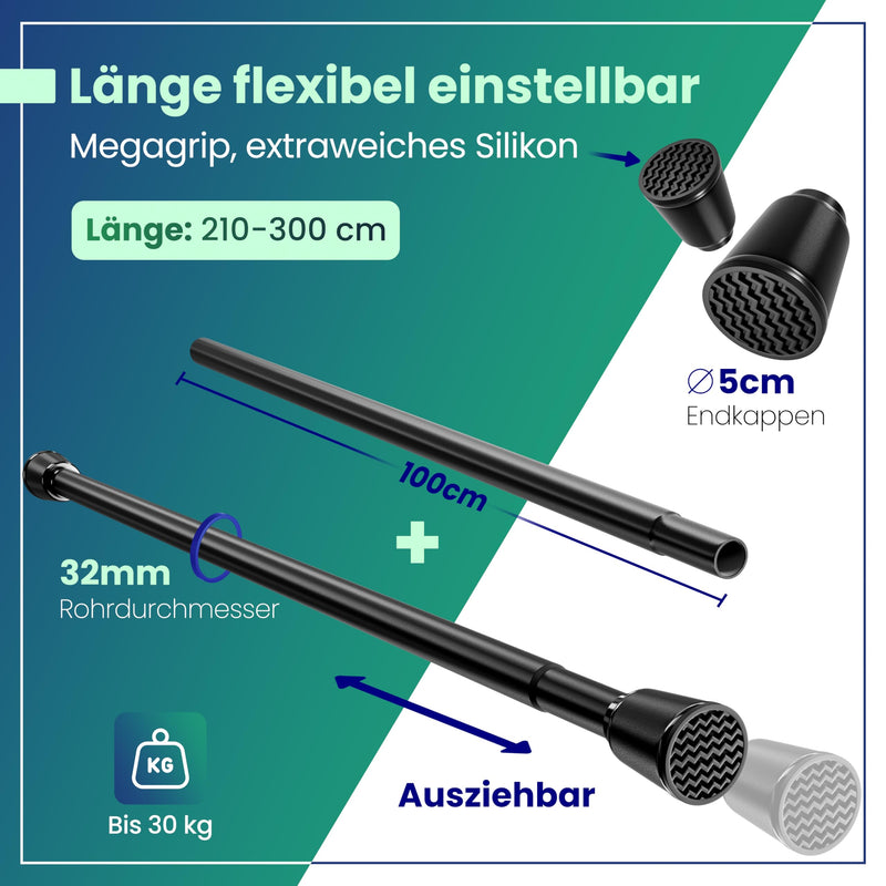 LOBUX® - Gardinenstange ohne bohren [schwarz, 210-300cm] – Teleskopstange Vorhang ausziehbar – Duschstange ohne bohren – Vorhangstange, Duschvorhangstange, Kleiderstange, Klemmstange Katzennetz