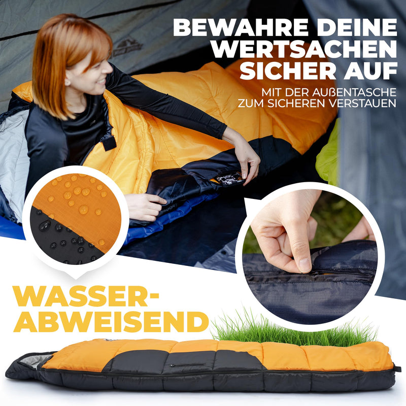 ACTIVE SPARK Schlafsack - wasserabweisend - Outdoor Sleeping Bag - Nie mehr kalte Füße Dank Taschenwärmer-Tasche - 0 Grad Komfort-Mumienschlafsack leicht, Warm, Camping,