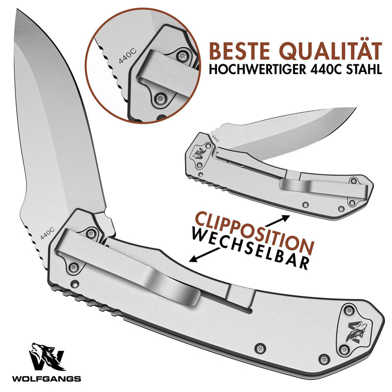 Wolfgangs MUTATIO Zweihand Klappmesser aus feinstem 440C Stahl - Outdoor Messer mit hochwertigem Wurzelholz Griff - Das perfekte Survival Messer oder Camping Messer - inkl. Echt-Leder Gürteltasche