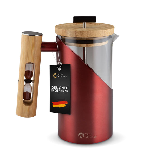 TRUE KITCHEN French Press aus Edelstahl + Glas + Bambus I Kaffeezubereiter I ca. 0,5 L (für 3 Tassen) I Kaffee Presse Thermo doppelwandig isoliert I Rot I Kaffeepresse