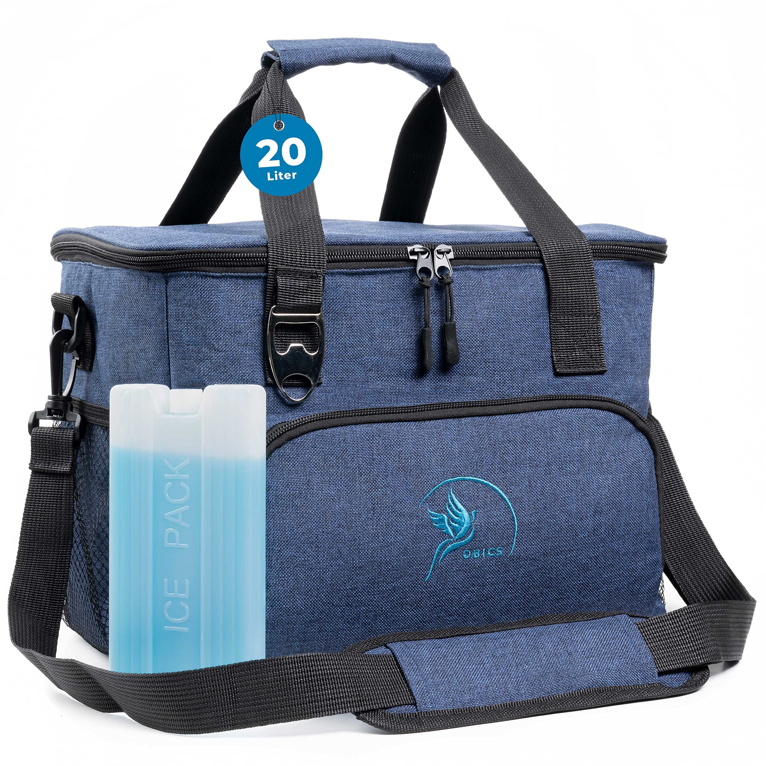 Obics Kühltasche klein 20l Kühlbox Lunchtasche mit Kühl-Akku faltbar - Thermo Isoliertasche Picknicktasche blau für Strand, Arbeit, Auto & Mittagessen - Thermotasche Essenstasche isoliert unterwegs