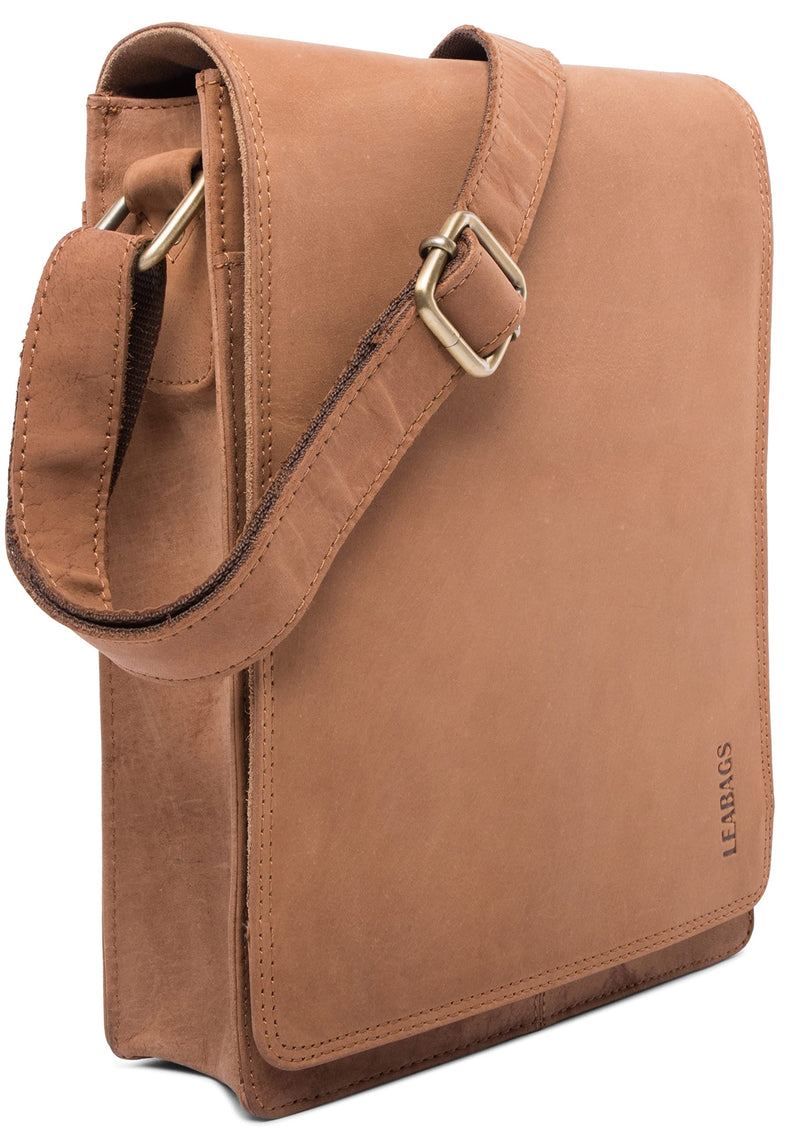 LEABAGS Leder Umhängetasche Herren & Damen I Messenger Bag mit Schultergurt I Schultertasche I Arbeitstasche I Tragetasche I Handtasche I Echtleder Tasche I Nature Hellbraun