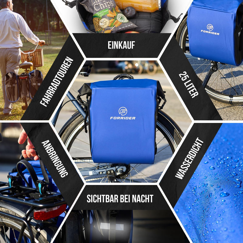 Forrider Fahrradtaschen für Gepäckträger Wasserdicht Reflektierend | Gepäckträgertaschen 25L | Sattel Tasche fürs Fahrrad zum Einkaufen