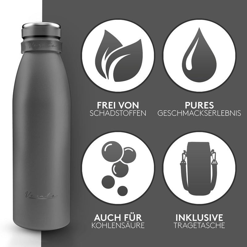 Vezato Trinkflasche Edelstahl - BPA-freie Isolierflasche 750 ml - Auslaufsichere Wasserflasche mit doppelter Isolierung - Thermosflasche spülmaschinenfest - Für Kohlensäure geeignet - Nachhaltig