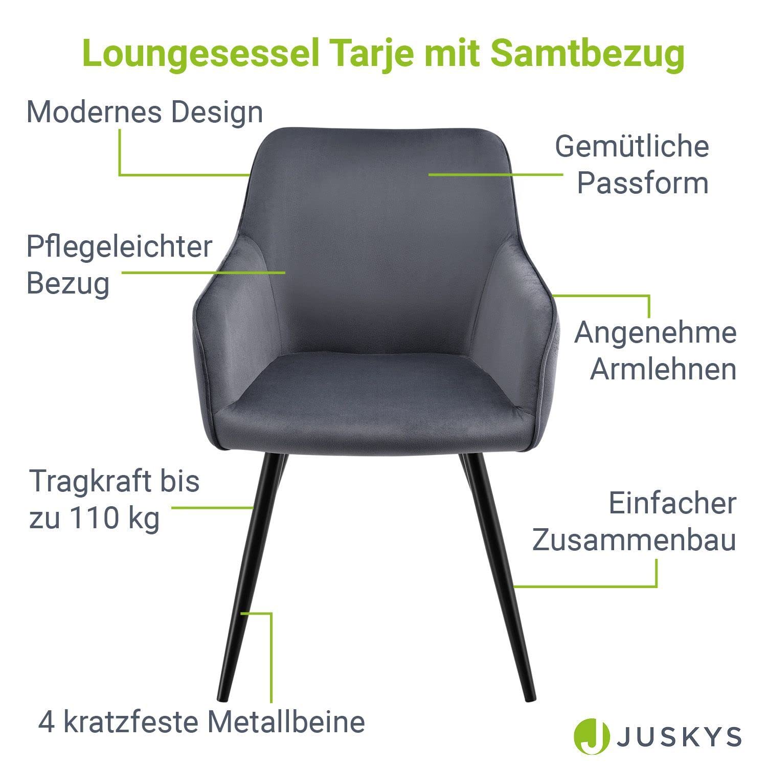 Juskys Esszimmerstuhl Tarje mit Rückenlehne & Armlehne, Metallbeine, Samt Bezug, bis 110 kg belastbar, Stuhl Esszimmer Küchenstuhl Polsterstuhl - dunkelgrau