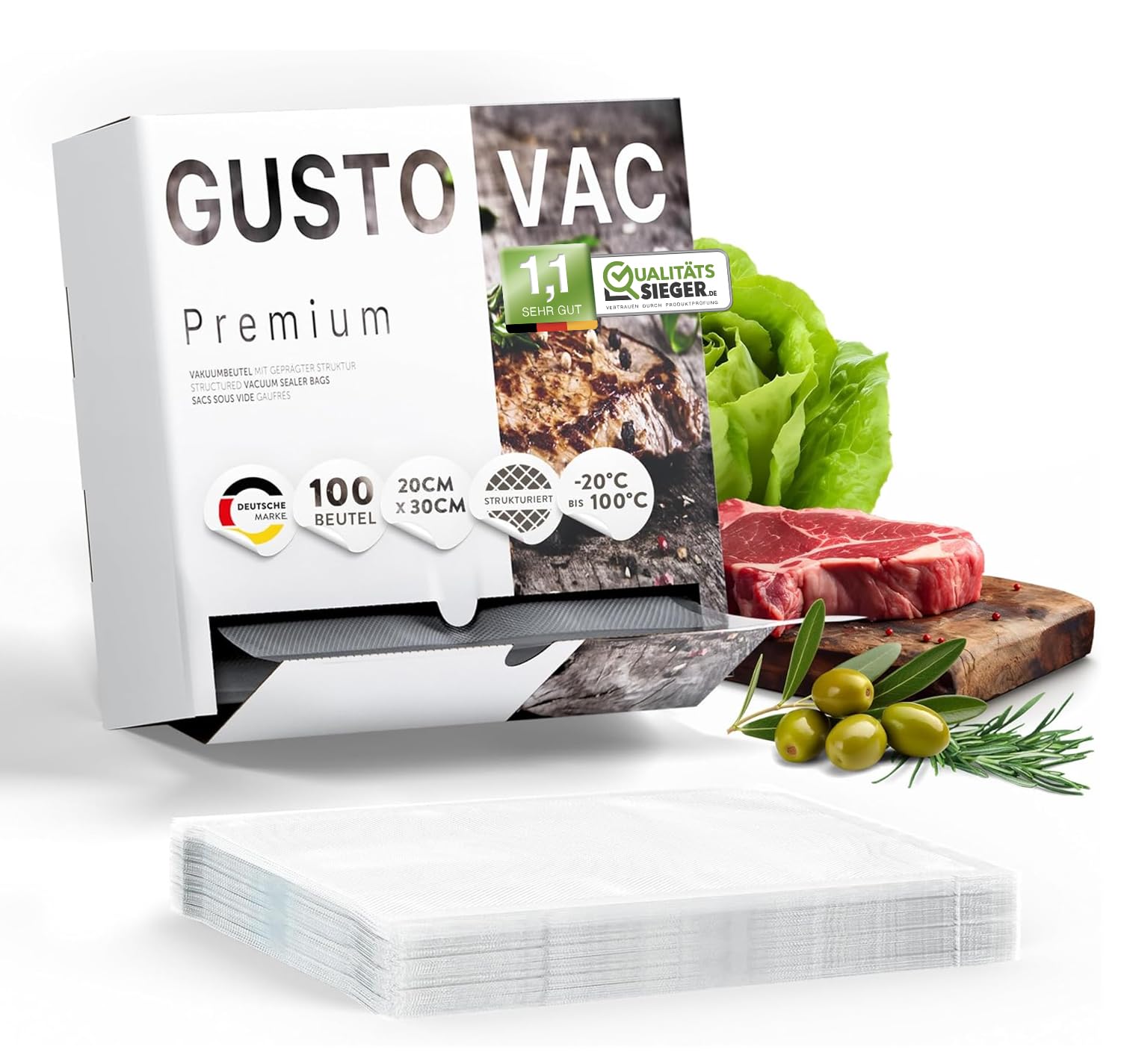 GustoVac Premium Vakuumbeutel, 100 Stk. 20x30cm Profi- Folienbeutel, Vakuumierbeutel für Vakuumierer, Kochfest & Sous Vide Gefrierbeutel, Lebensmittel Vakuumiergerät, Made in Germany, BPA-frei