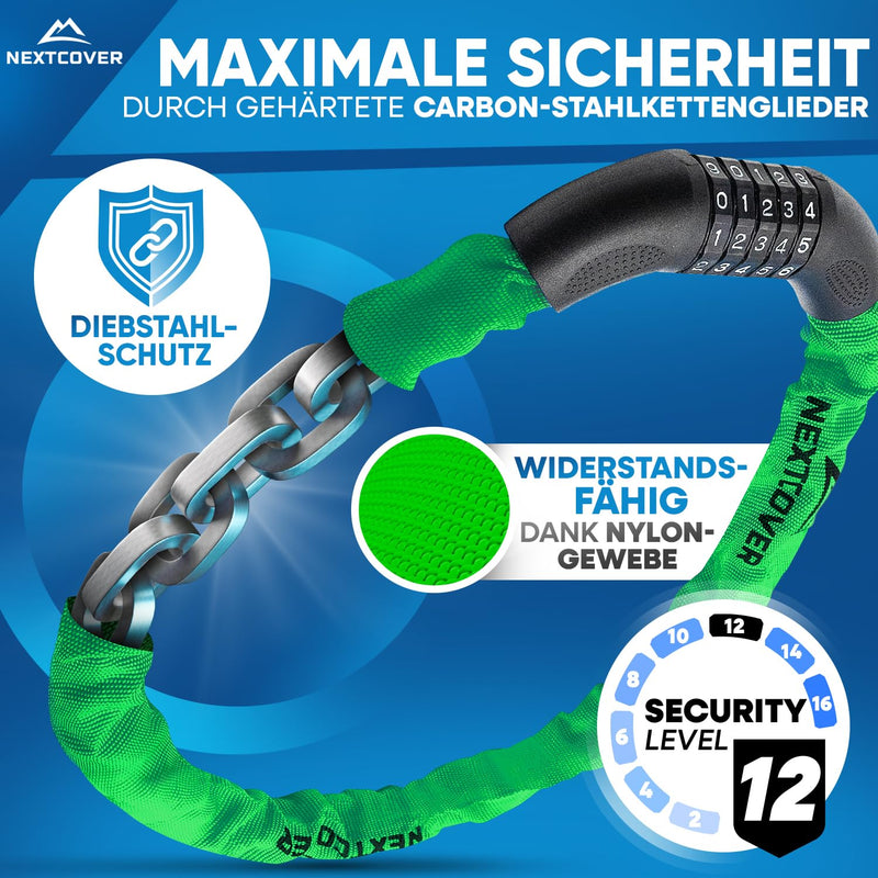 NEXTCOVER® NEU Fahrradschloss mit Zahlencode [SAFESECURE] für hohe Sicherheit I Schloss mit 5- stelligem Zahlencode I Zahlenschloss Fahrrad Stahl I Bike Lock perfekt für E-Bike I Kettenschloss (Grün)