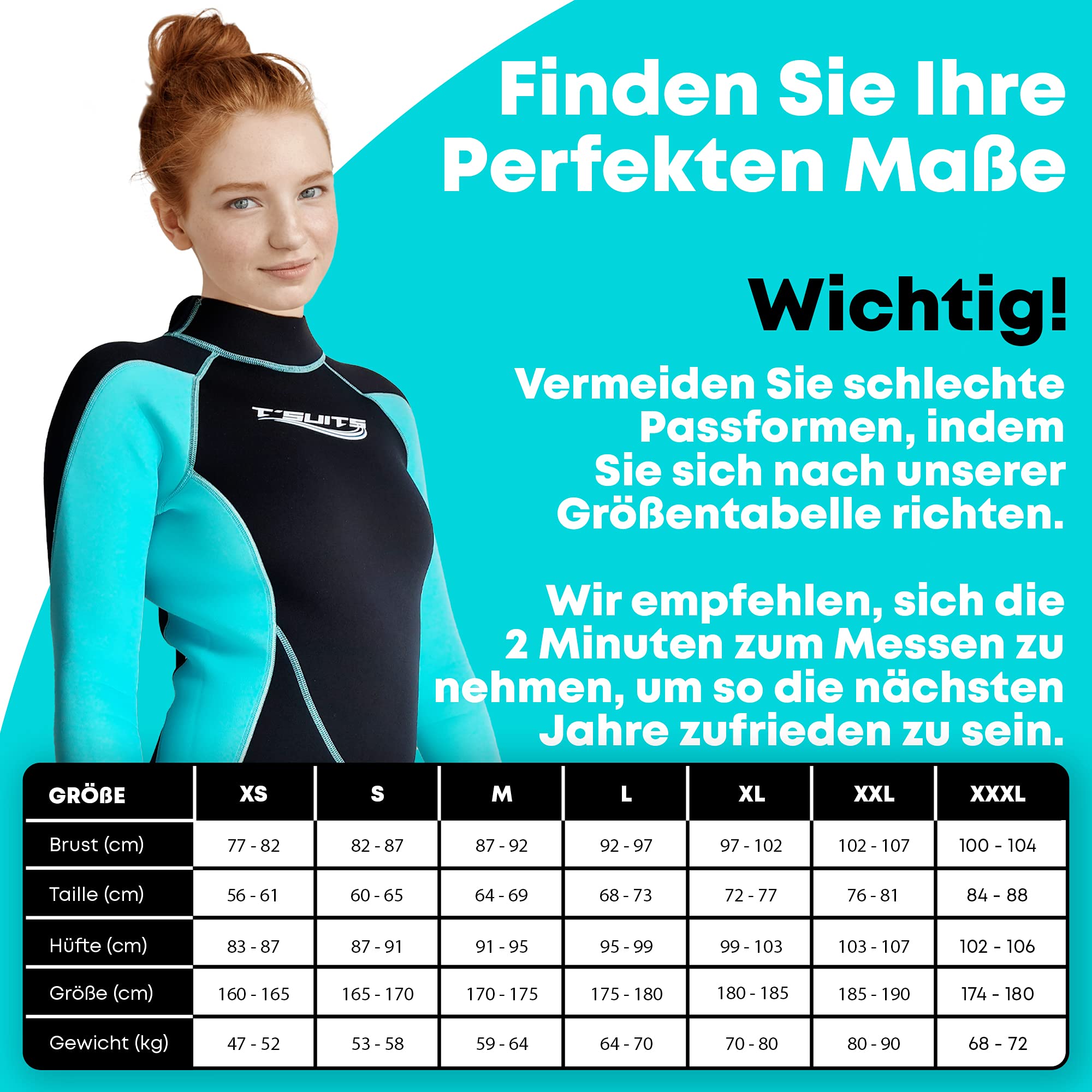 T´SUITS Neoprenanzug Damen [3mm, Lang, 4-Elements] | Tauchen, Schwimmen, Surfen, Kiten, Wasserski, Rafting - Jetzt Größe Wählen (S, Damen Schwarz/Aquamarine)