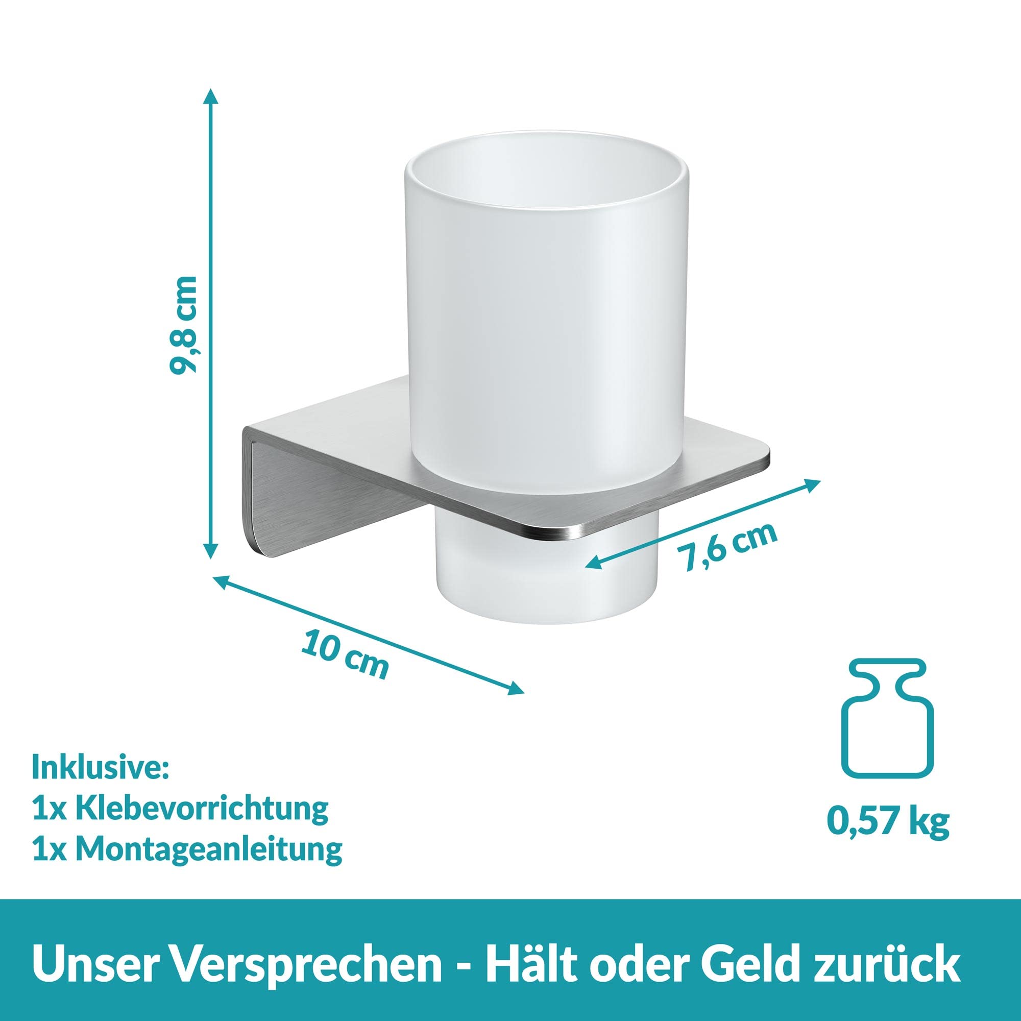 WEISSENSTEIN Zahnputzbecherhalter ohne Bohren | Becher und Zahnputzbecherhalter zum Kleben im Bad | Edelstahl Halterung und Glas weiß | Design matt gebürstet in Silber