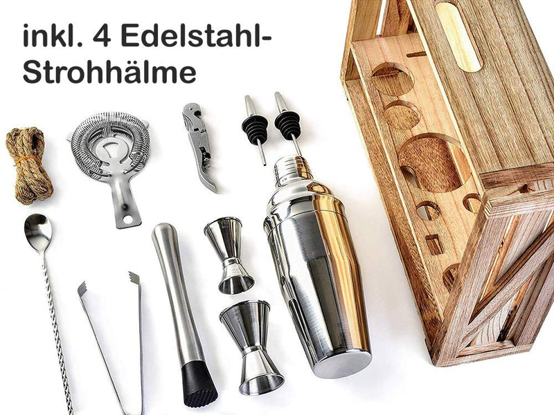 DIIBRA Cocktail-Wizard 2.0 – 700 ml Cocktailshaker - Geschenk für Männer - 16-teiliges Bar Werkzeug Set mit rustikalem Holzständer