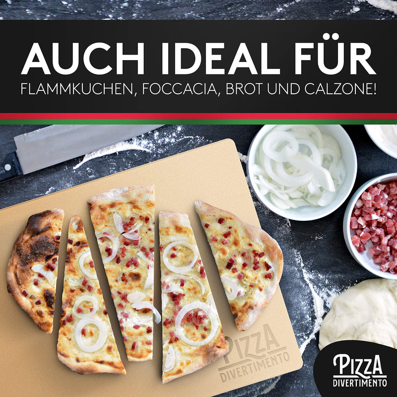 Pizza Divertimento - DAS ORIGINAL - Pizzastein für Backofen & Gasgrill – inkl. Pizzaschieber – Vergleich.org ausgezeichnet - Pizza Stein – Für knusprigen Boden & saftigen Belag - Inkl. e-Rezeptbuch