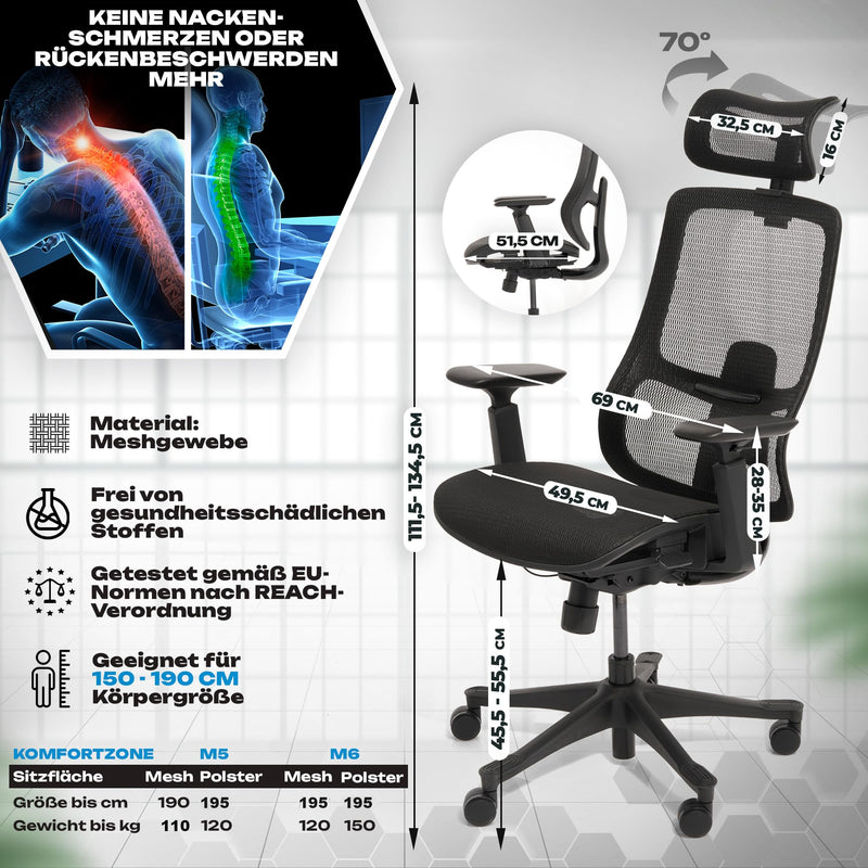 VALKENSTOL M5 Ergonomischer Bürostuhl [Höhenverstellbare Rückenlehne, Einstellbare Sitztiefe, Mesh-Sitz] Chefsessel Bürostuhl Ergonomisch Schreibtischstuhl Ergonomic Office Chair Ergonomic Bürostühle