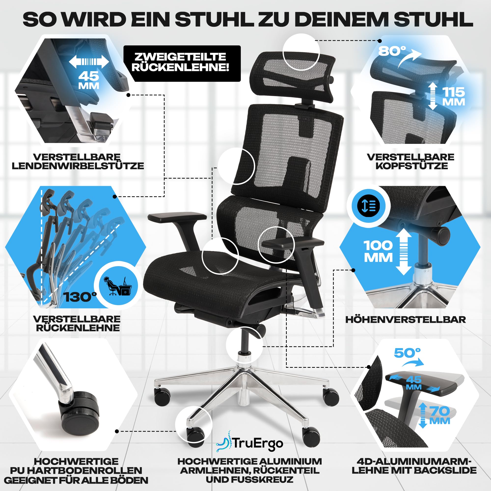 VALKENSTOL M7 Ergonomischer Bürostuhl [Adaptive Lordosenstütze] Chefsessel Bürostuhl Ergonomisch als Home Office Chair Ergonomic Chair Bürostühle Schreibtisch Stuhl Desk Chair