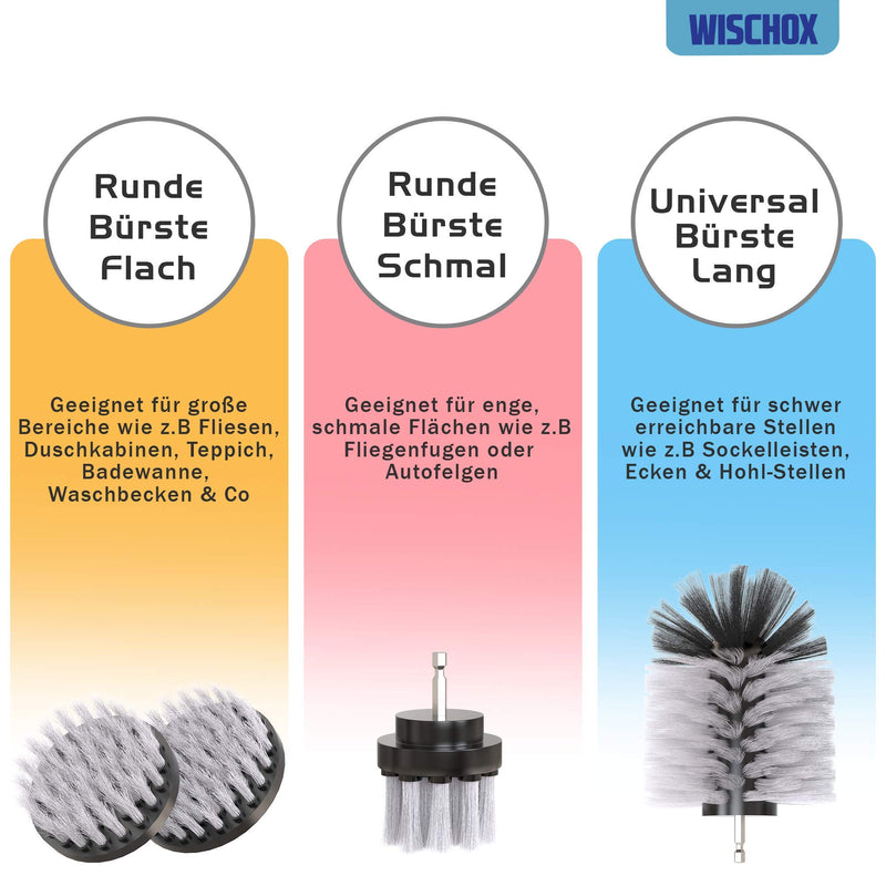 WISCHOX® Premium Bürstenaufsatz Bohrmaschine I Bürste Akkuschrauber I Felgenbürste Reinigungsbürste I Polsterreiniger Fliesenreiniger I Drill Brush I 4 er Set