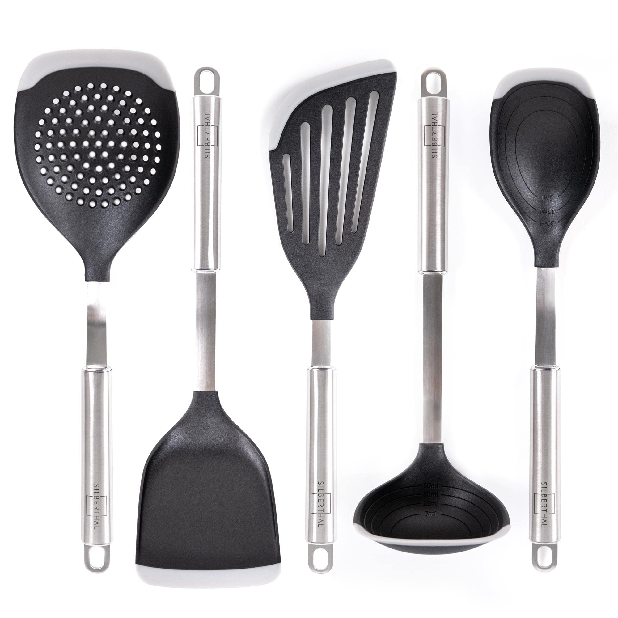 SILBERTHAL Küchenhelfer Set mit Silikon - 5 teiliges Set mit Pfannenwender, Servierlöffel, Schöpfkelle, Fischspatula und Schaumlöffel mit Silikonlippe beschichtete Pfannen