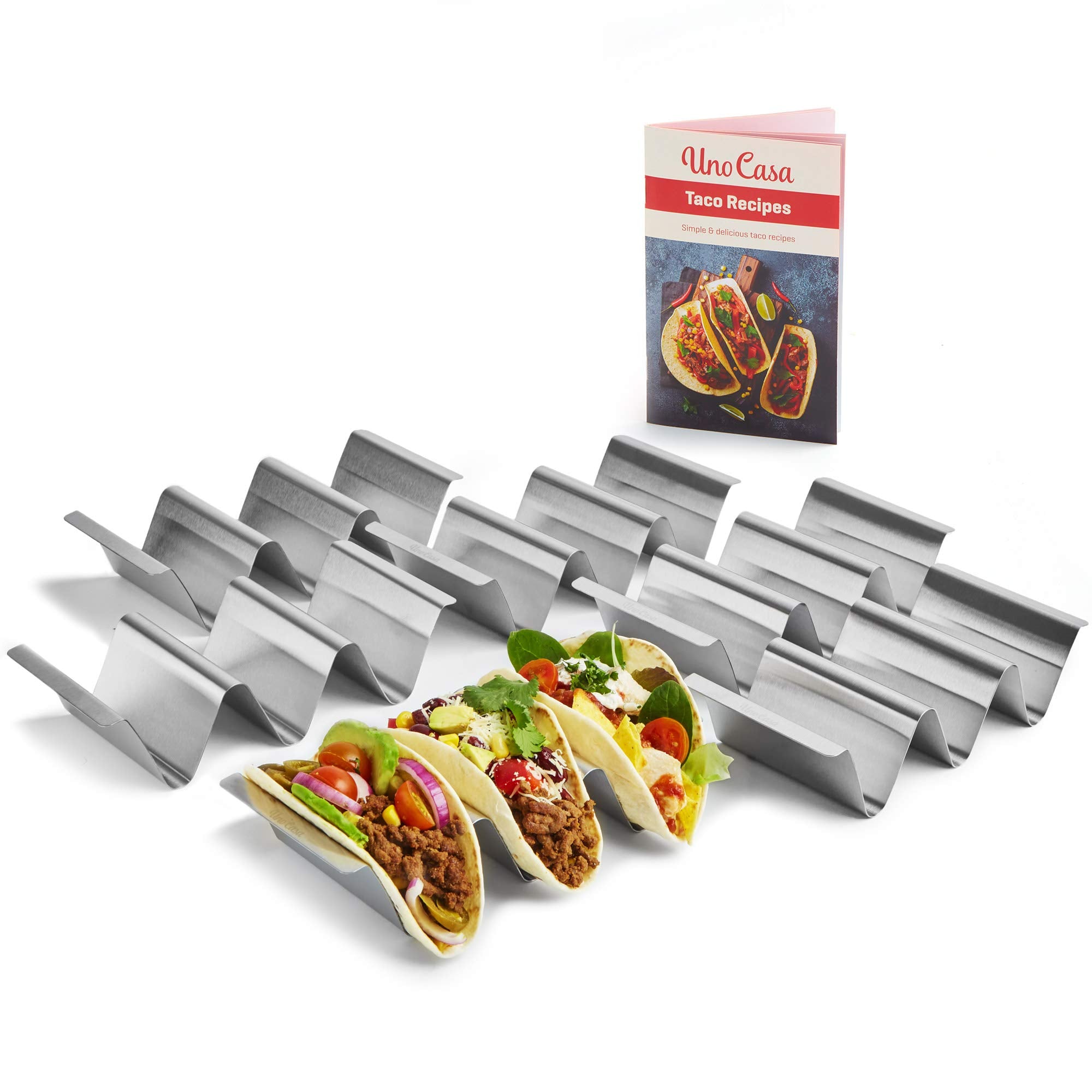 Uno Casa Taco-Halter 6er-Set - Taco-Halter aus Metall für Taco-Schalen, robuster Taco-Ständer für Taco-Dienstag oder als Taco-Schalenform - U-förmiges Taco-Rack und Rezeptbuch