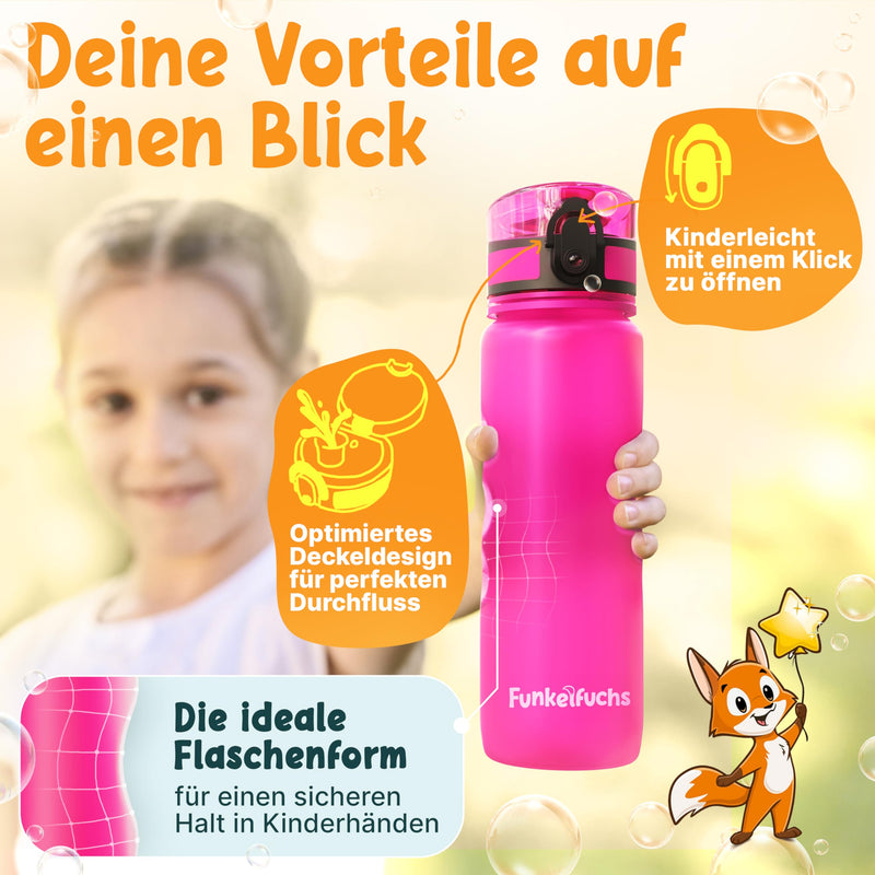 Funkelfuchs®- Trinkflasche für Kinder – 500ml, Pink – Kohlensäure geeignet - 100% auslaufsicher - Wasserflasche spülmaschinenfest - für Kindergarten, Einschulung, Schule, Sport