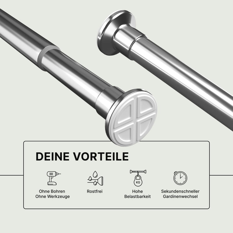 MEISENBERG Gardinenstange zum Klemmen 90-160cm Ø25mm - Duschstange ohne Bohren - Vorhangstange - Edelstahl - Teleskopstange