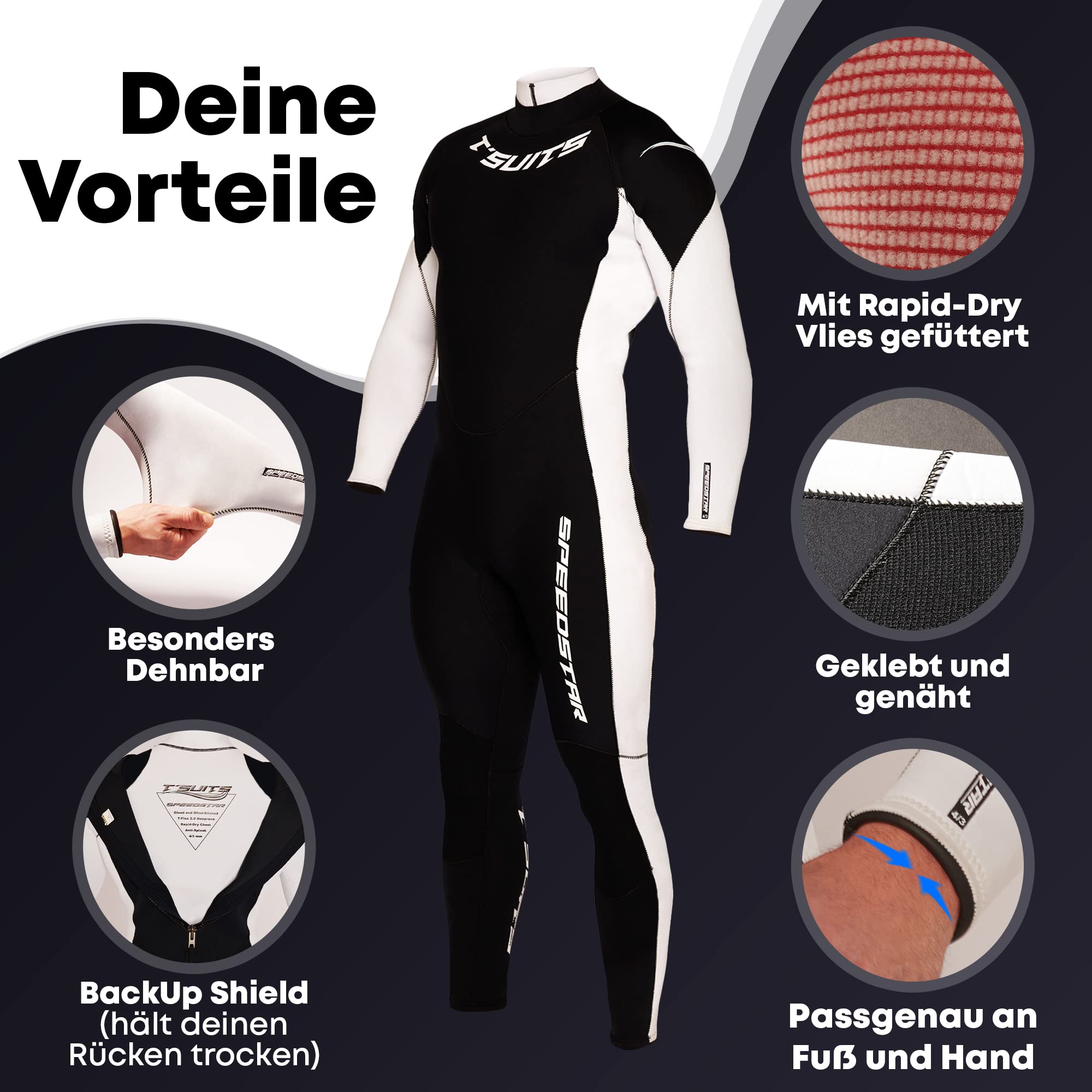 T´SUITS Neoprenanzug Herren [4/3mm, Lang, Speedstar] Tauchanzug, Schwimmen, Surfen, Tauchen, Wasserski | Jetzt Größe Wählen (M, Schwarz/Weiß)