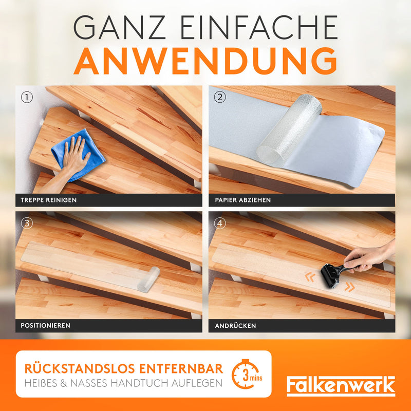 FALKENWERK Antirutschstreifen für Treppen [20 Stück] - Selbstklebende & Transparente Anti Rutsch Streifen [10x60 cm] - Wasserfeste Antirutsch Treppe - Treppen Rutschschutz mit Spachtelroller