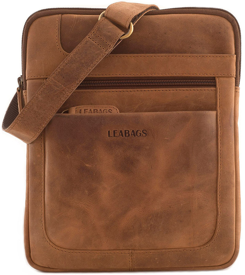 LEABAGS Leder Umhängetasche Herren & Damen I Messenger Bag mit Schultergurt I Schultertasche I Arbeitstasche I Tragetasche I Handtasche I Echtleder Tasche I Nature Hellbraun