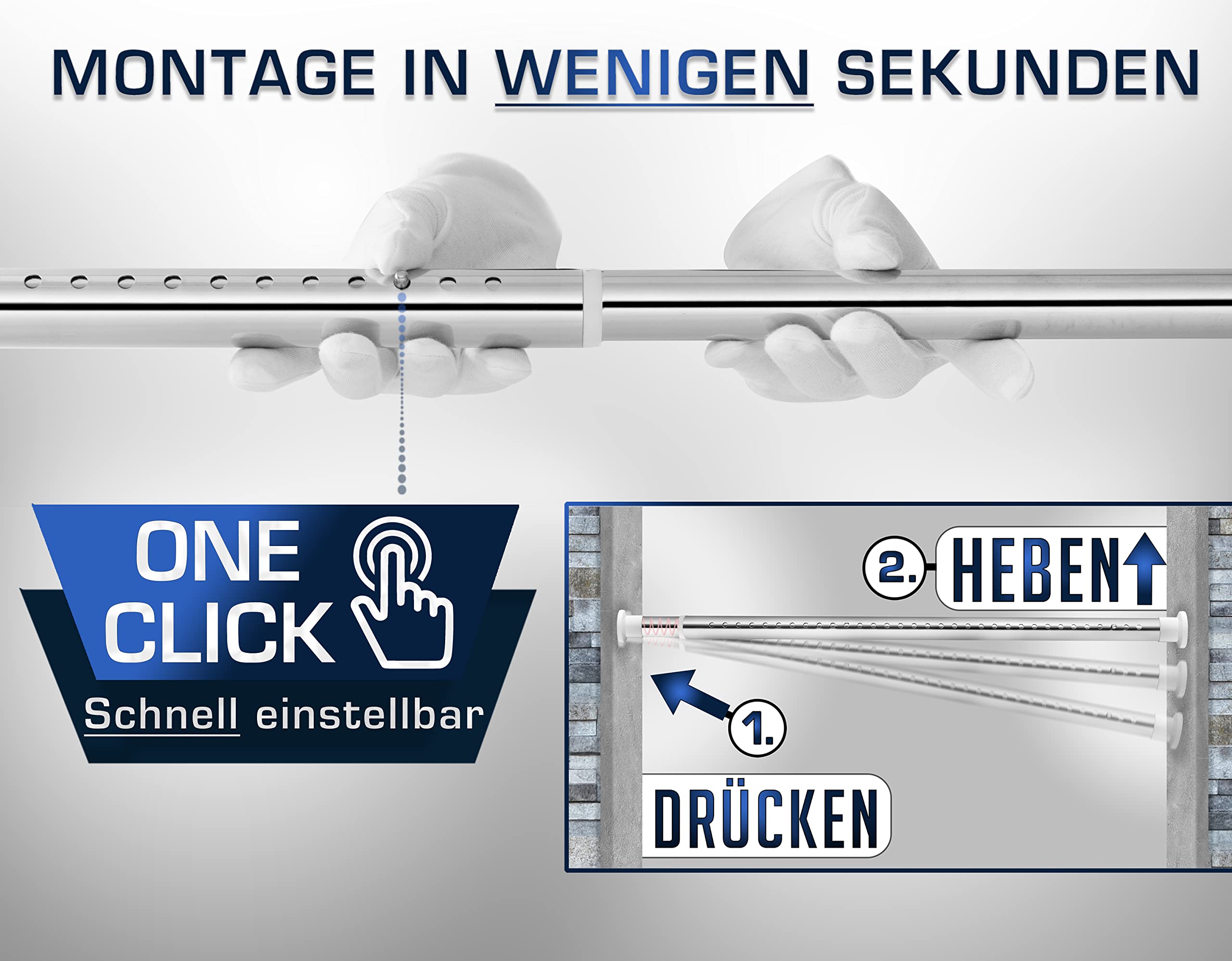 MEISENBERG Rostfreie Edelstahl Duschvorhangstange ohne Bohren 160-210cm, Ø32mm Klemmbare belastbare Gardinenstange Ausziehbar - Vorhangstange, Teleskopstange - für ihre Gardinen, Balkon und Dusche