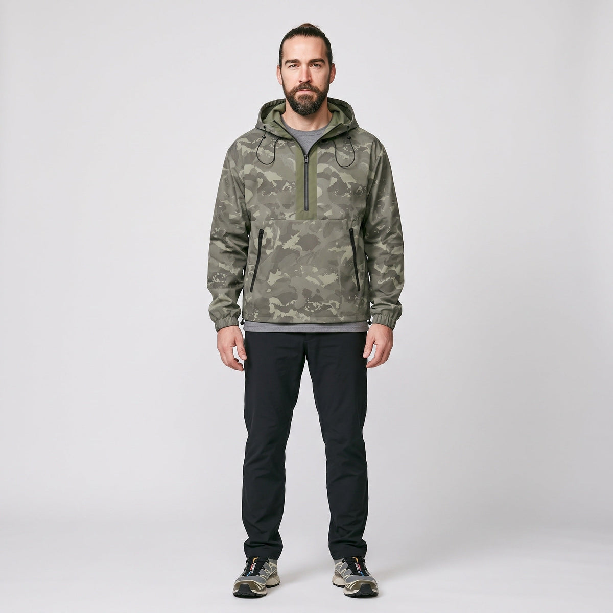 Herren Camo-Windbreaker – leichter Anorak mit Kapuze, Halbreißverschluss