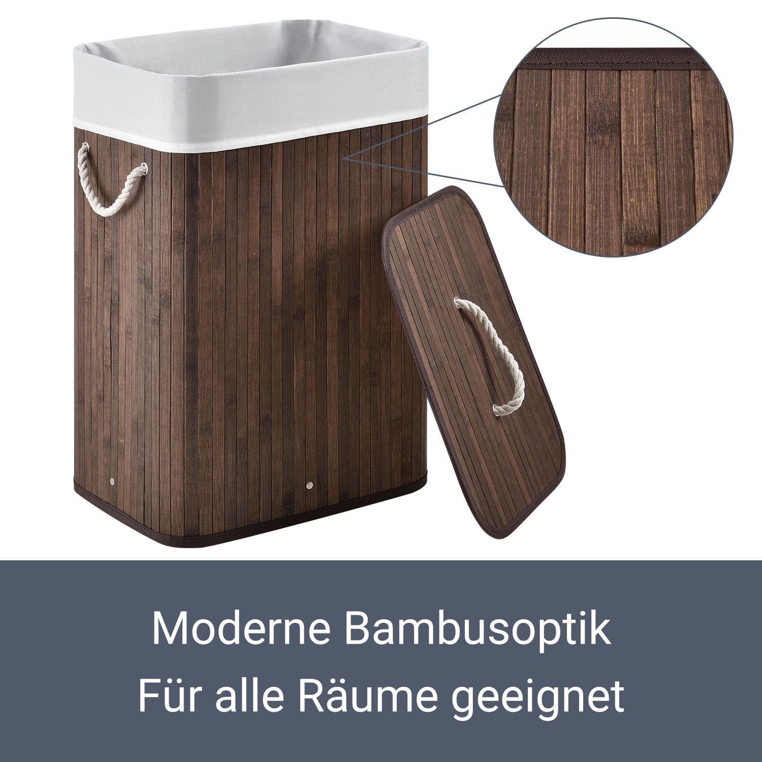 Juskys Bambus Wäschekorb Curly 72 Liter Braun — Wäschesammler mit Deckel, Griff & 1 Fach — Stoff Wäschesack herausnehmbar & waschbar Wäschetonne