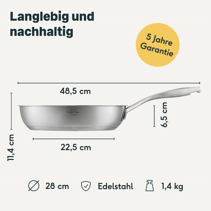 SILBERTHAL Edelstahl Pfanne Unbeschichtet - Induktion - Profi Bratpfanne 24cm - Röstaromen - Ofenfest