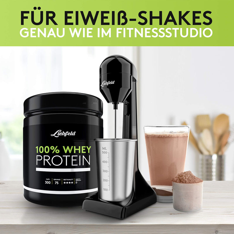 Liebfeld Protein Shaker Elektrisch - Stabmixer mit 500ml Edelstahl Becher - Proteinshake & Milch Shake Mixer, Fitness Shaker, Eiweiß Shaker, Frappe Mixer, Smoothie Maker