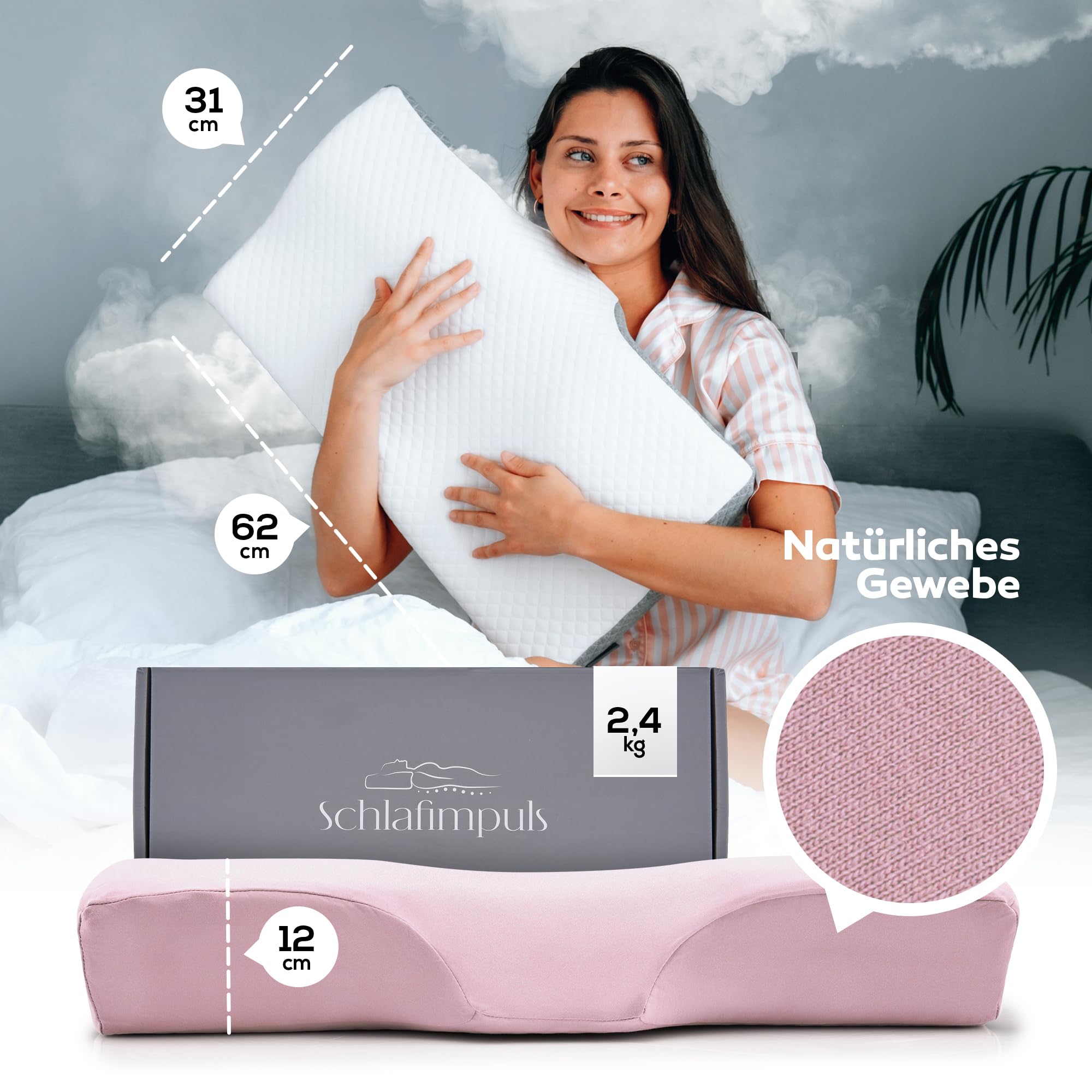 Schlafimpuls Ergonomisches Kopfkissen Nackenstützkissen | Orthopädisches Kopfkissen & Nackenkissen [Memory Foam] Seitenschläfer - mit extra Bezug - Farbe wählbar (Rosa)