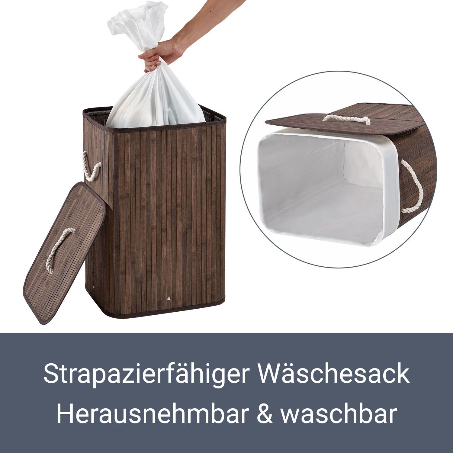 Juskys Bambus Wäschekorb Curly 72 Liter Braun — Wäschesammler mit Deckel, Griff & 1 Fach — Stoff Wäschesack herausnehmbar & waschbar Wäschetonne