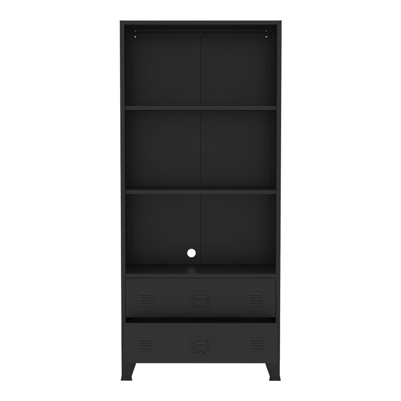 [en.casa] Bücherregal Hammarland Bücherschrank mit 2 Schubladen Schwarz Wohnzimmerschrank Metall Standregal mit Kabeldurchlass 180 x 80 x 40 cm