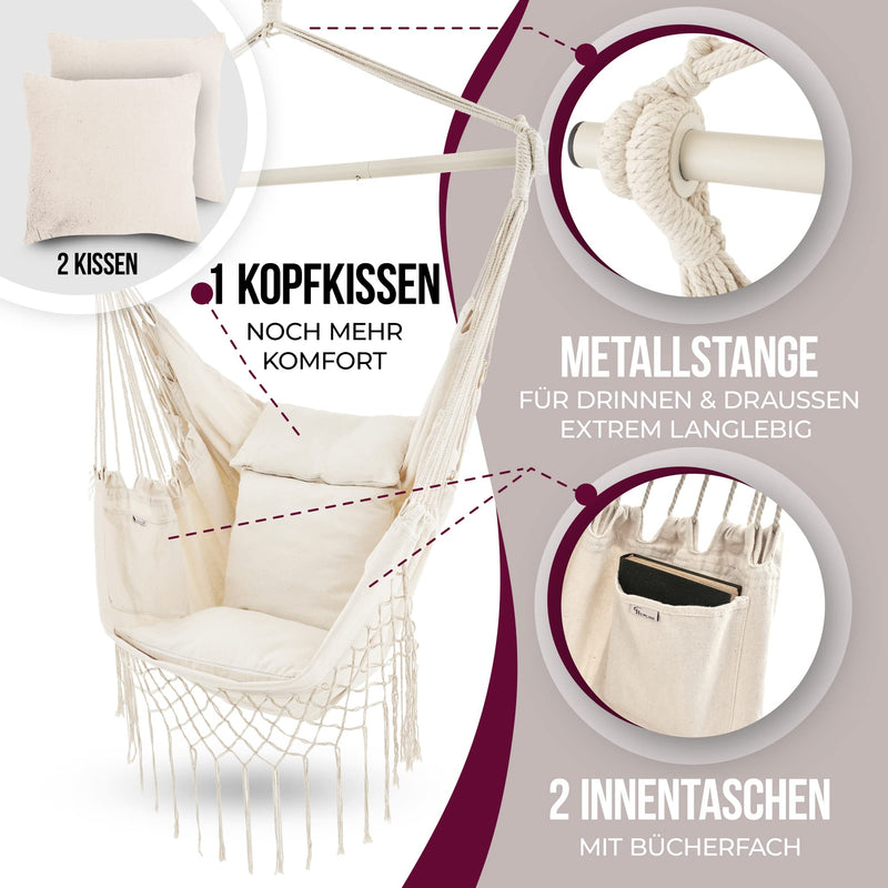 HEIMLING® Hängesessel Indoor & Outdoor XXL [All Inclusive Paket mit Aufhängung + 3 Kissen] Hängesessel Kinder & Erwachsene bis 150 kg | Hängematte Indoor Wohn- Schlafzimmer, Garten Balkon Terrasse