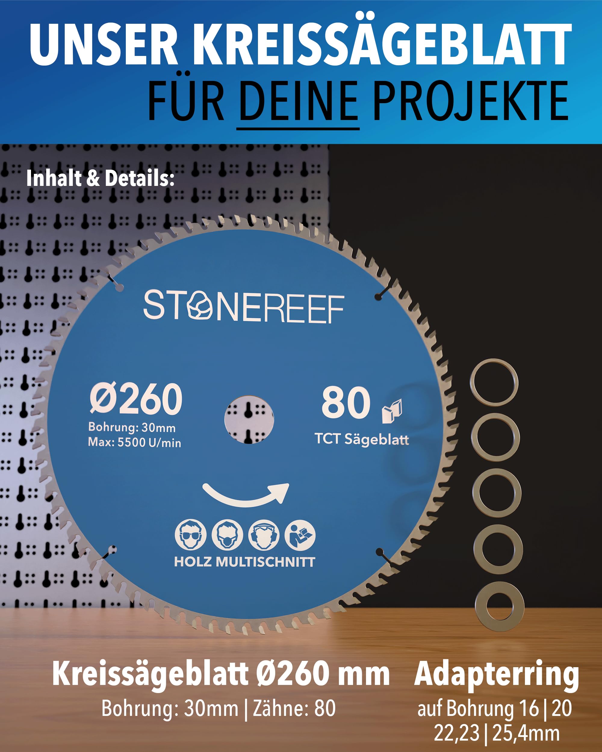 STONE REEF Sägeblatt 260x30 - Kreissägeblatt [Adapter auf Bohrung 16/20/22,23/25,4mm], kompatibel mit Tauchsäge & Kreissäge von Bosch, Makita usw.; Sägeblatt Kreissäge Nagelfest für Holz, Metall & Alu