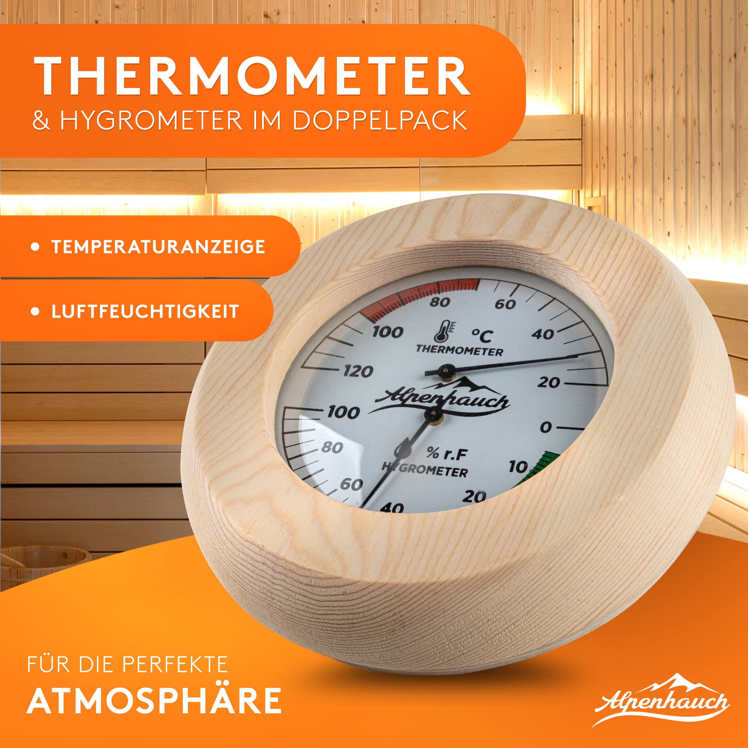 ALPENHAUCH Sauna Thermometer Hygrometer Holz [2in1 Funktion] - Besonders präzises Saunathermometer mit gehärtetem Glas - Automatische Kalibrierung - Edles Sauna Zubehör - Hygrometer Thermometer Sauna