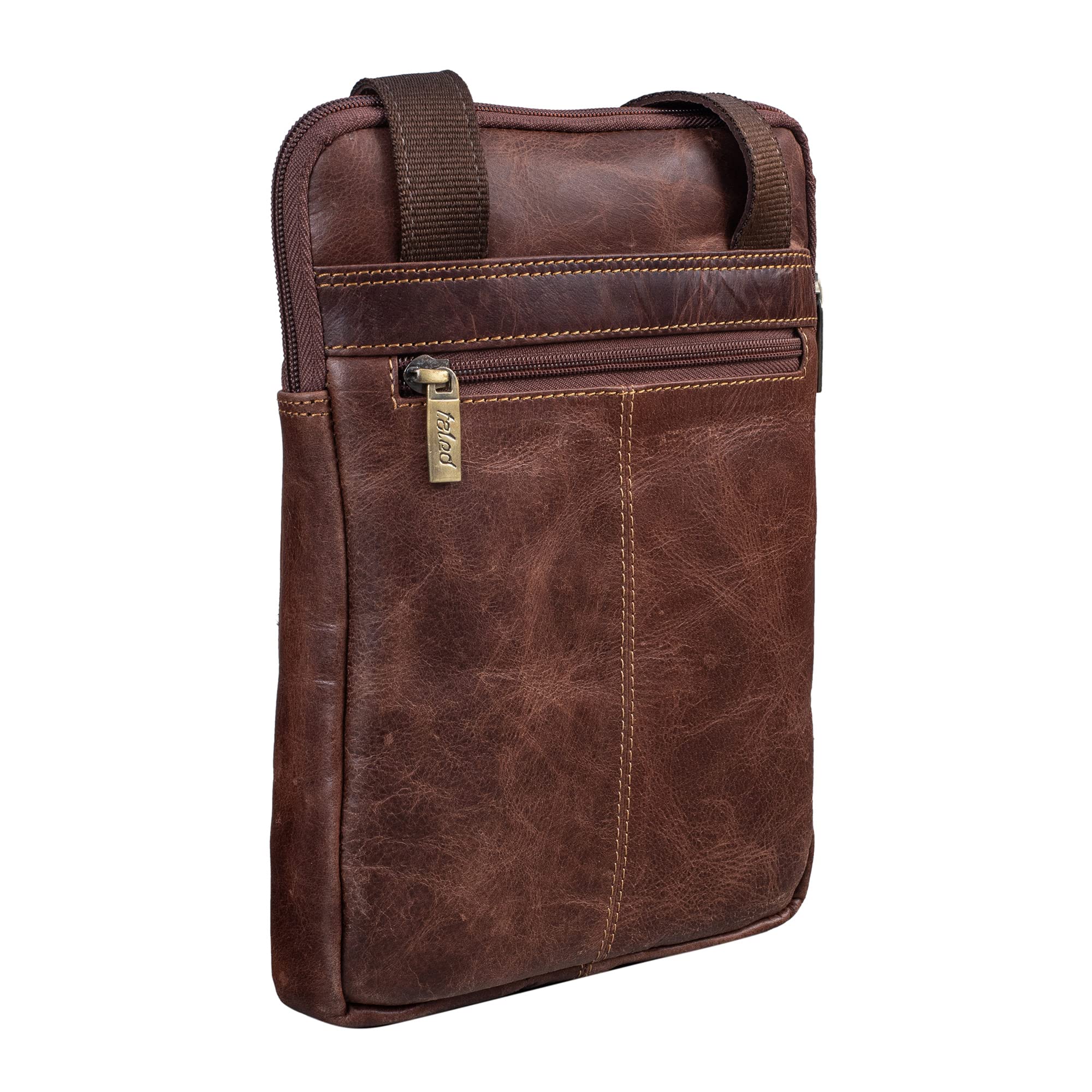 TALED Leder Umhängetasche Herren & Damen I Messenger Bag mit Schultergurt I Schultertasche I Arbeitstasche I Tragetasche I Handtasche I Echtleder Tasche I Vintage Cognac