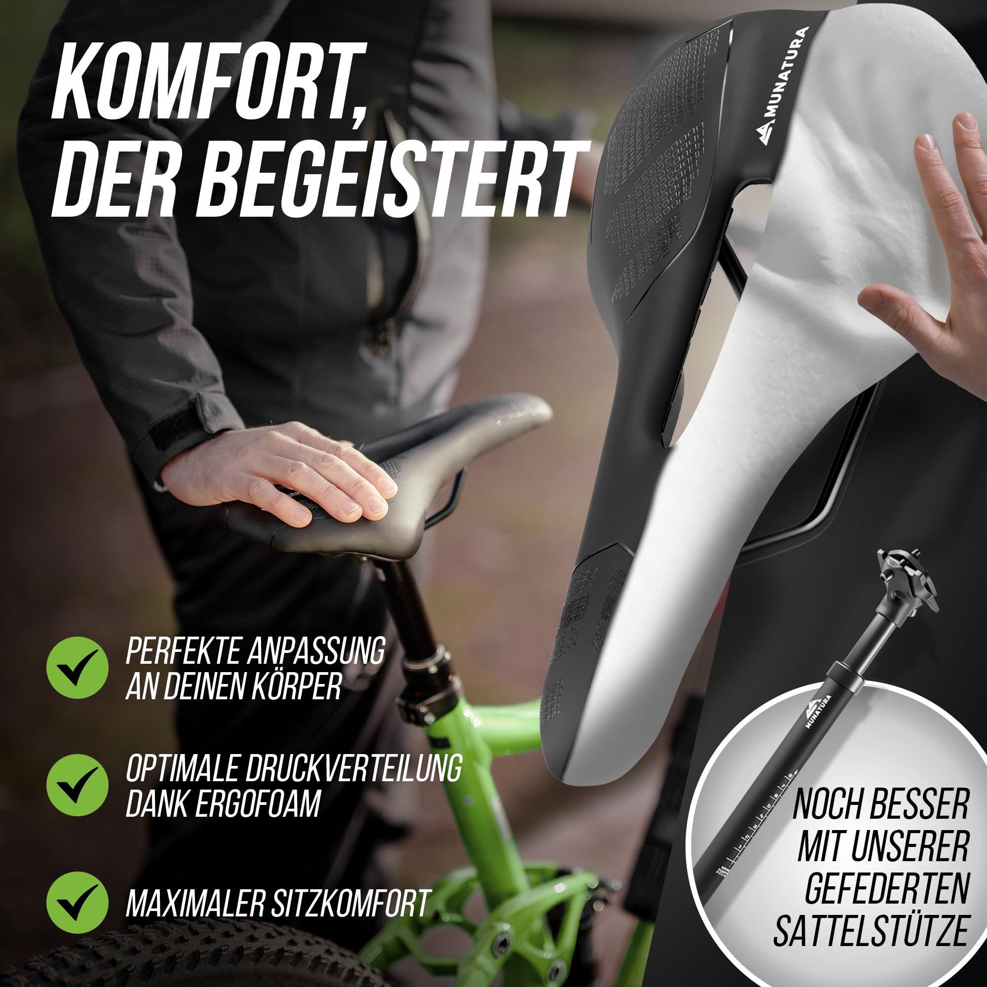 MUNATURA Mountainbikesattel Fahrradsattel mit Memory Foam - Fahrradsattel Herren bequem – Ergonomischer und Wasserdichter Fahrrad Sattel - Fahrradsattel Damen