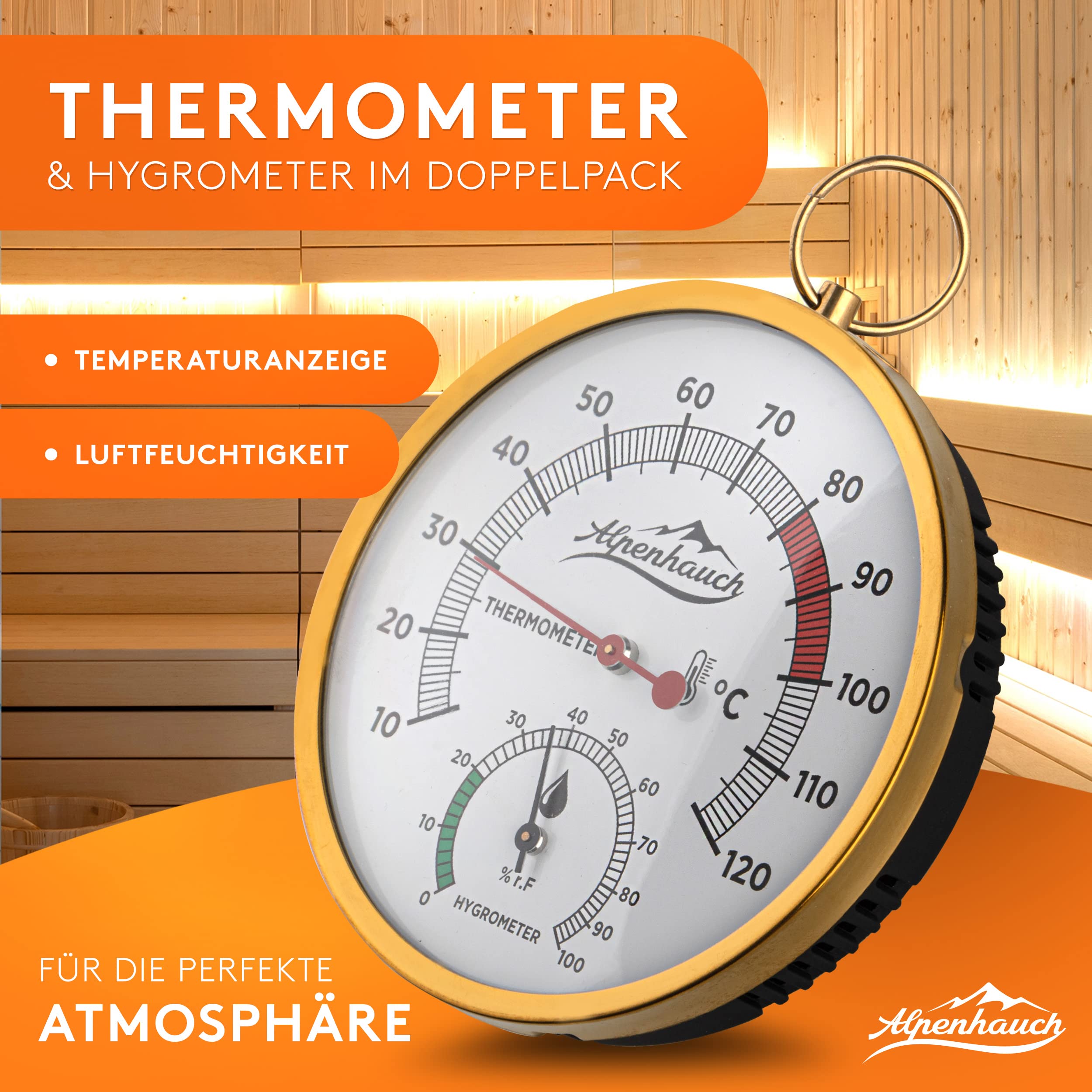 ALPENHAUCH Sauna Thermometer Hygrometer Holz [2in1 Funktion] - Besonders präzises Saunathermometer mit gehärtetem Glas - Automatische Kalibrierung - Edles Sauna Zubehör - Hygrometer Thermometer Sauna