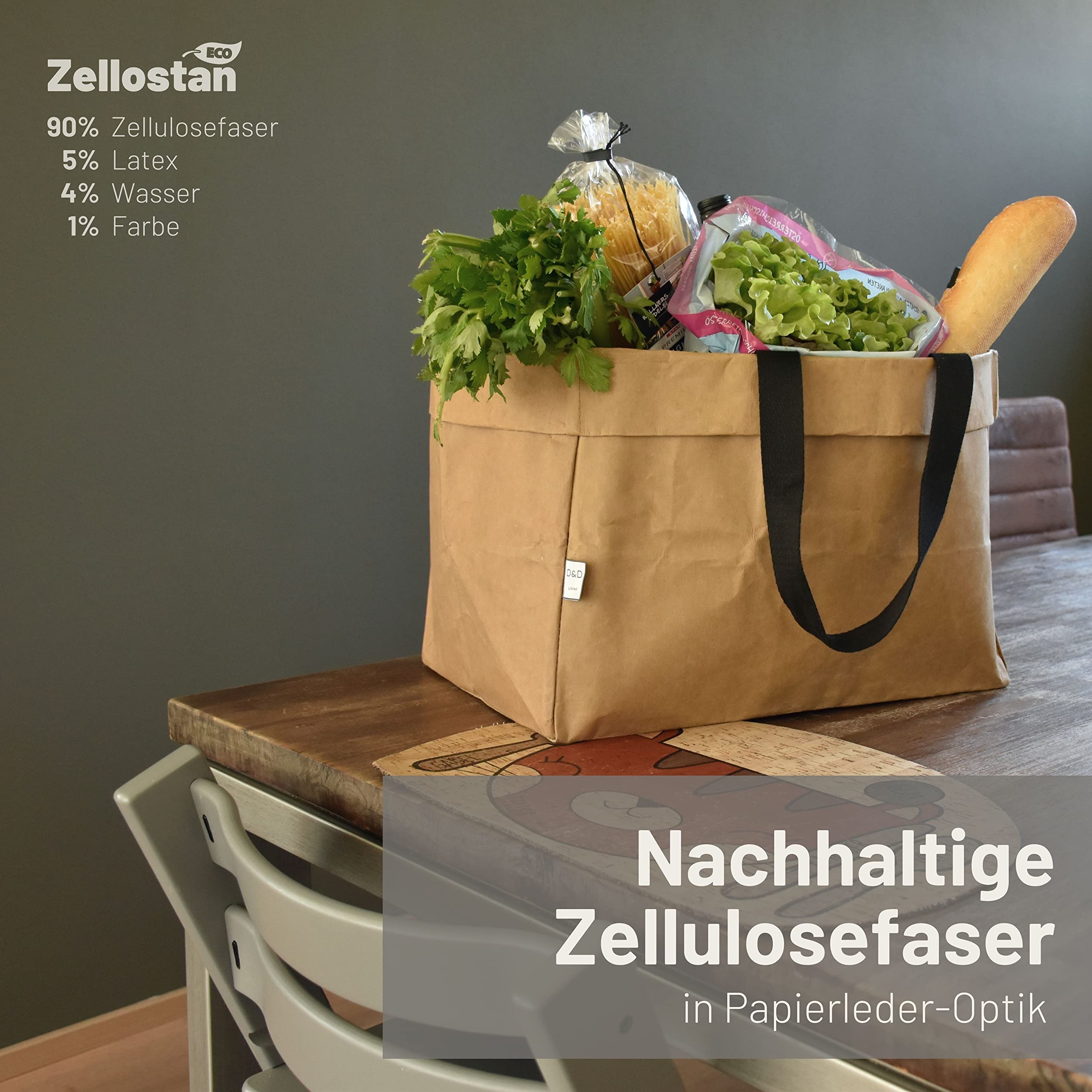 D&D Living® Umweltfreundliche Einkaufstasche aus Zellostan - faltbar, groß, stabil - Praktisch als Einkaufskorb, Tragetasche oder Holzkorb (40 Liter) (Braun)