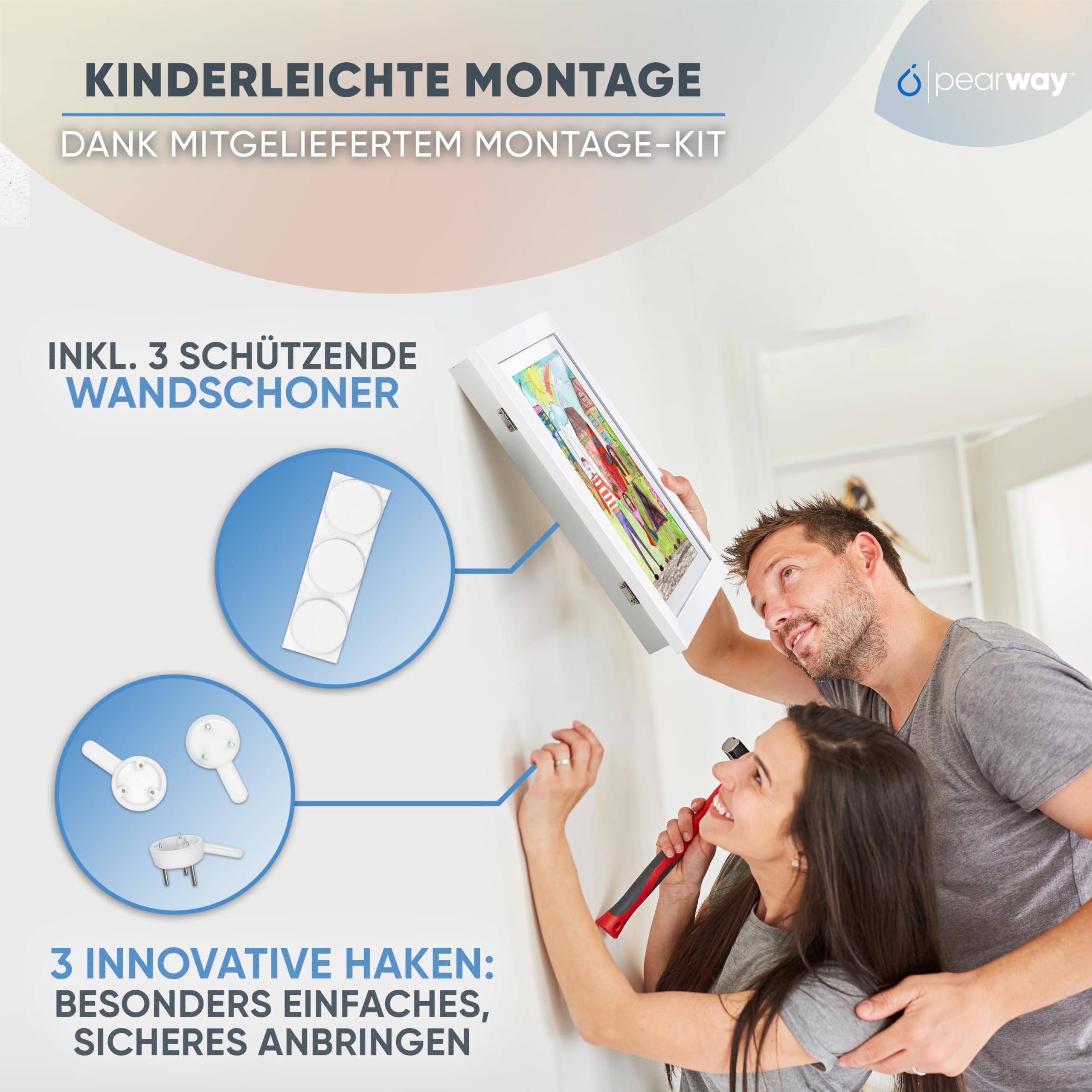 pearway Bilderrahmen Kinderzeichnungen A4 I Weiß I Aufklappbar mit Wand- & Standfunktion I Bilderrahmen für Kinderzeichnungen I Bruchsicheres Glas I Kinderkunstrahmen I inkl. Montagekit