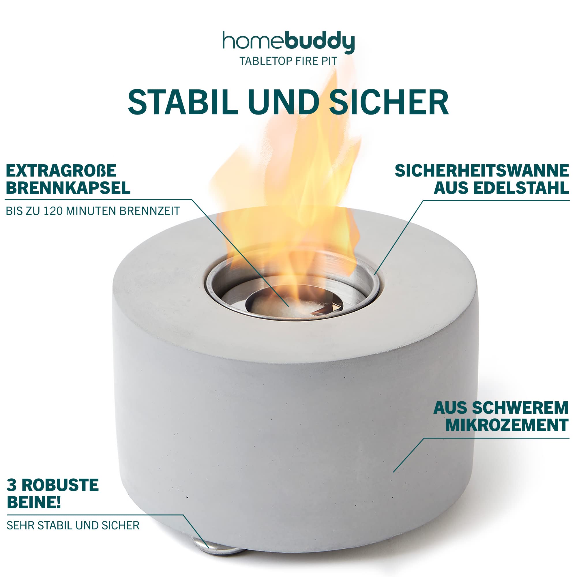 Homebuddy Tisch Feuerstelle - Bioethanol Tischkamin - Tragbares Tischfeuer, Lang Brennend & Rauchfrei - Tischkamin Tischfeuer Outdoor & Tischkamin Indoor & 50 Holzspieße - Mit Stilvollem Feuerlöscher